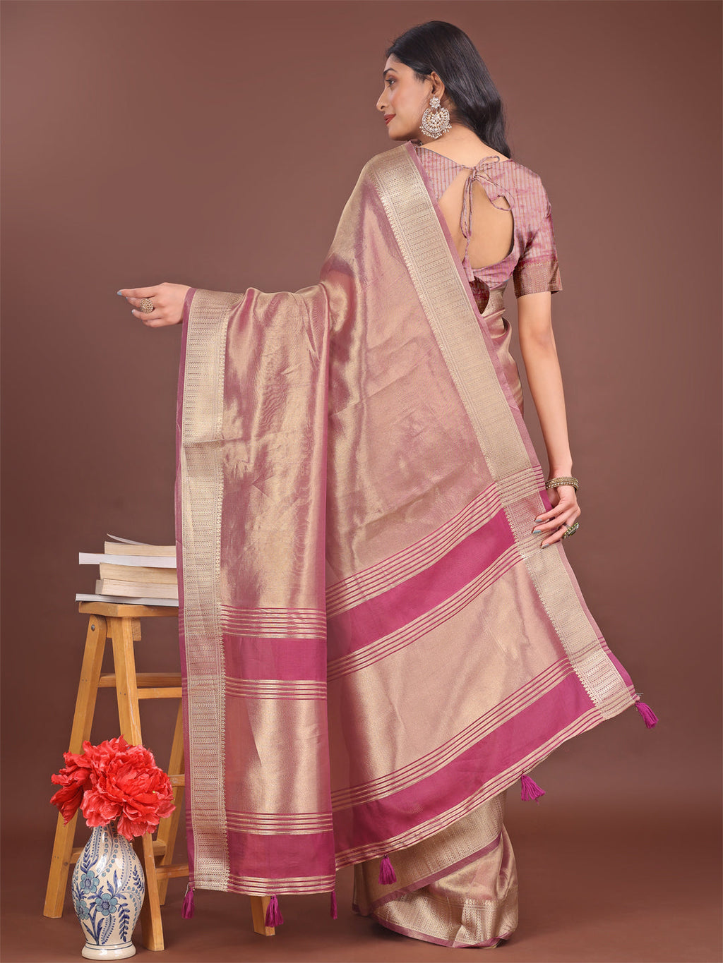 Shree Shyam Fashion Elegant Light Pink & Magenta Organza Saree with Rich Zari Border & Pallu Tassels | Premium Partywear Saree for Women