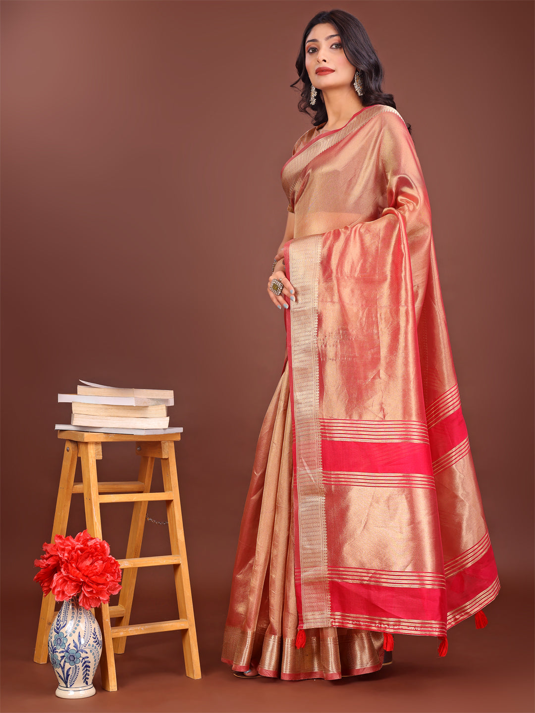 Shree Shyam Fashion Elegant Orange & Pink Organza Saree with Rich Zari Border & Pallu Tassels | Premium Partywear Saree for Women