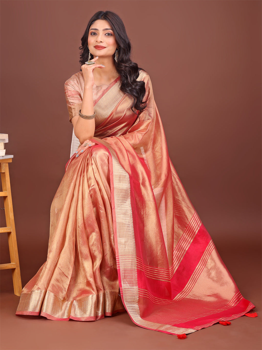 Shree Shyam Fashion Elegant Orange & Pink Organza Saree with Rich Zari Border & Pallu Tassels | Premium Partywear Saree for Women