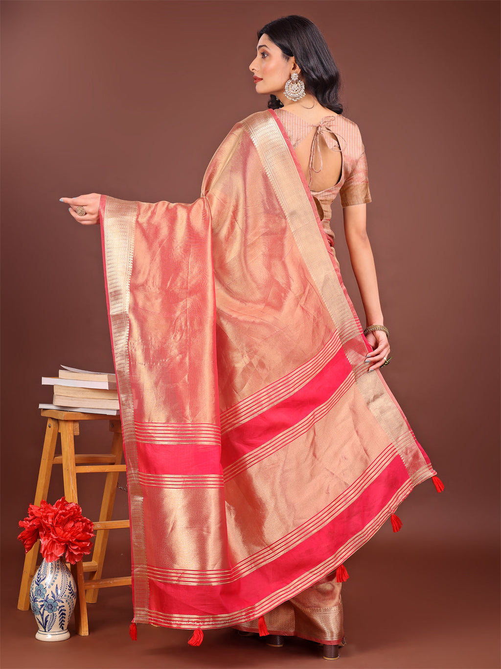 Shree Shyam Fashion Elegant Orange & Pink Organza Saree with Rich Zari Border & Pallu Tassels | Premium Partywear Saree for Women