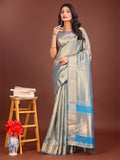 Shree Shyam Fashion Elegant Grey & Sky Blue Organza Saree with Rich Zari Border & Pallu Tassels | Premium Partywear Saree for Women