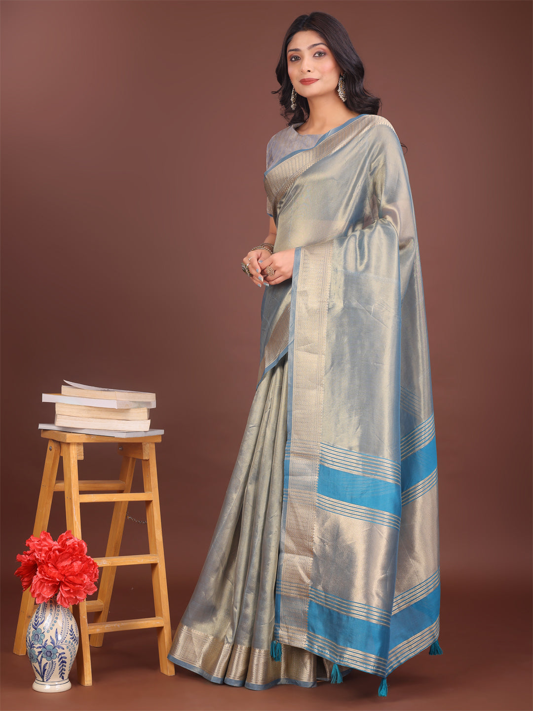 Shree Shyam Fashion Elegant Grey & Sky Blue Organza Saree with Rich Zari Border & Pallu Tassels | Premium Partywear Saree for Women