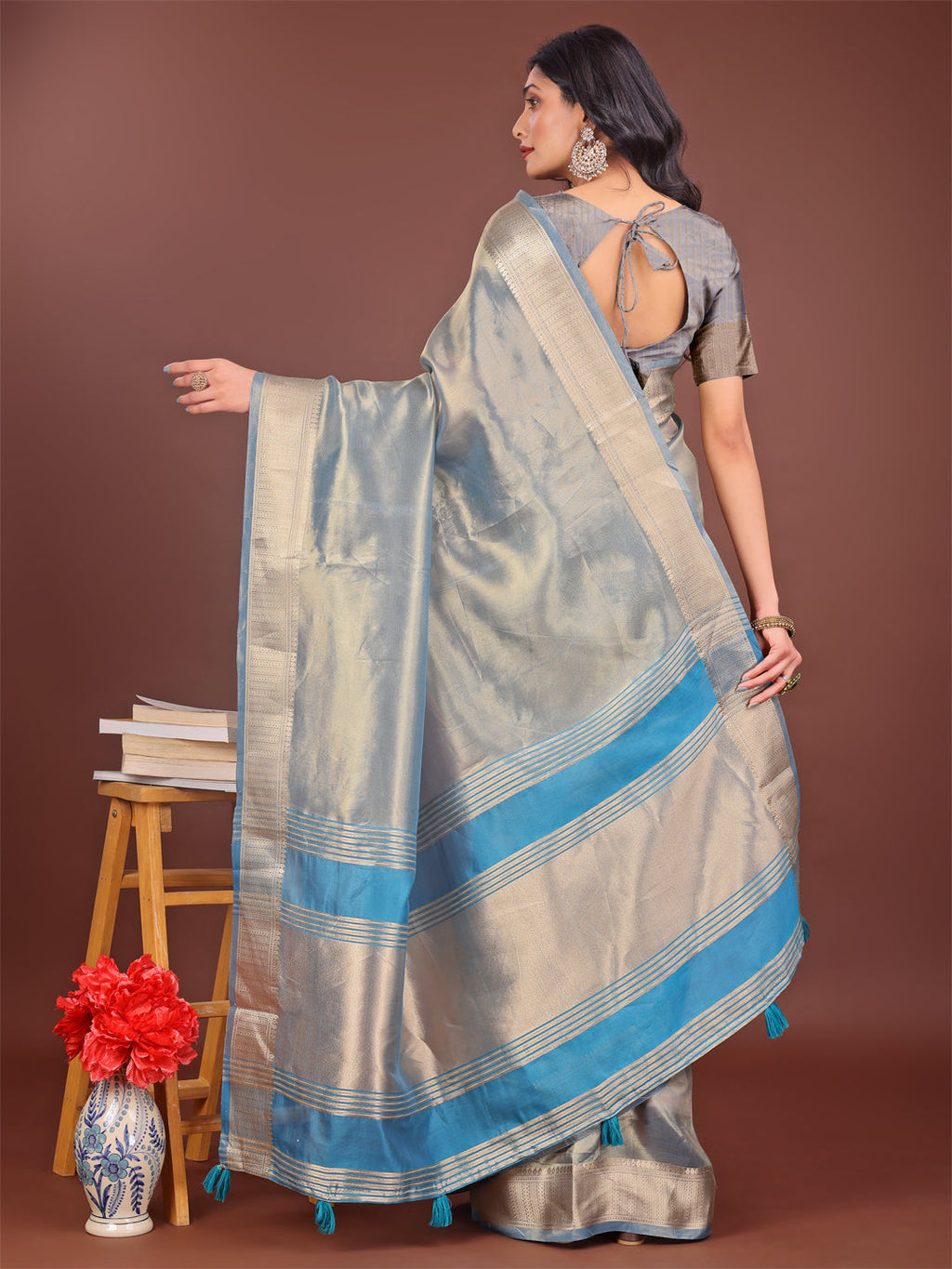Shree Shyam Fashion Elegant Grey & Sky Blue Organza Saree with Rich Zari Border & Pallu Tassels | Premium Partywear Saree for Women
