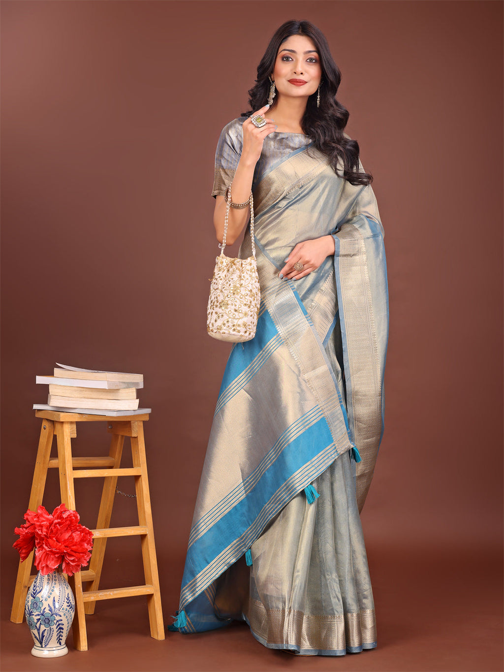Shree Shyam Fashion Elegant Grey & Sky Blue Organza Saree with Rich Zari Border & Pallu Tassels | Premium Partywear Saree for Women
