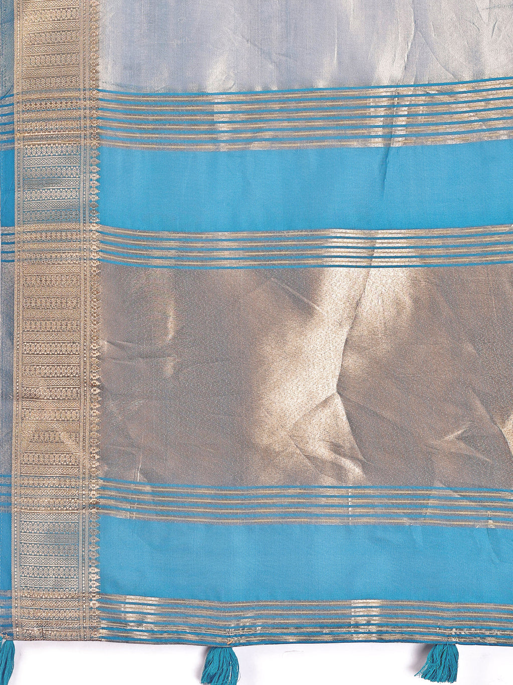 Shree Shyam Fashion Elegant Grey & Sky Blue Organza Saree with Rich Zari Border & Pallu Tassels | Premium Partywear Saree for Women