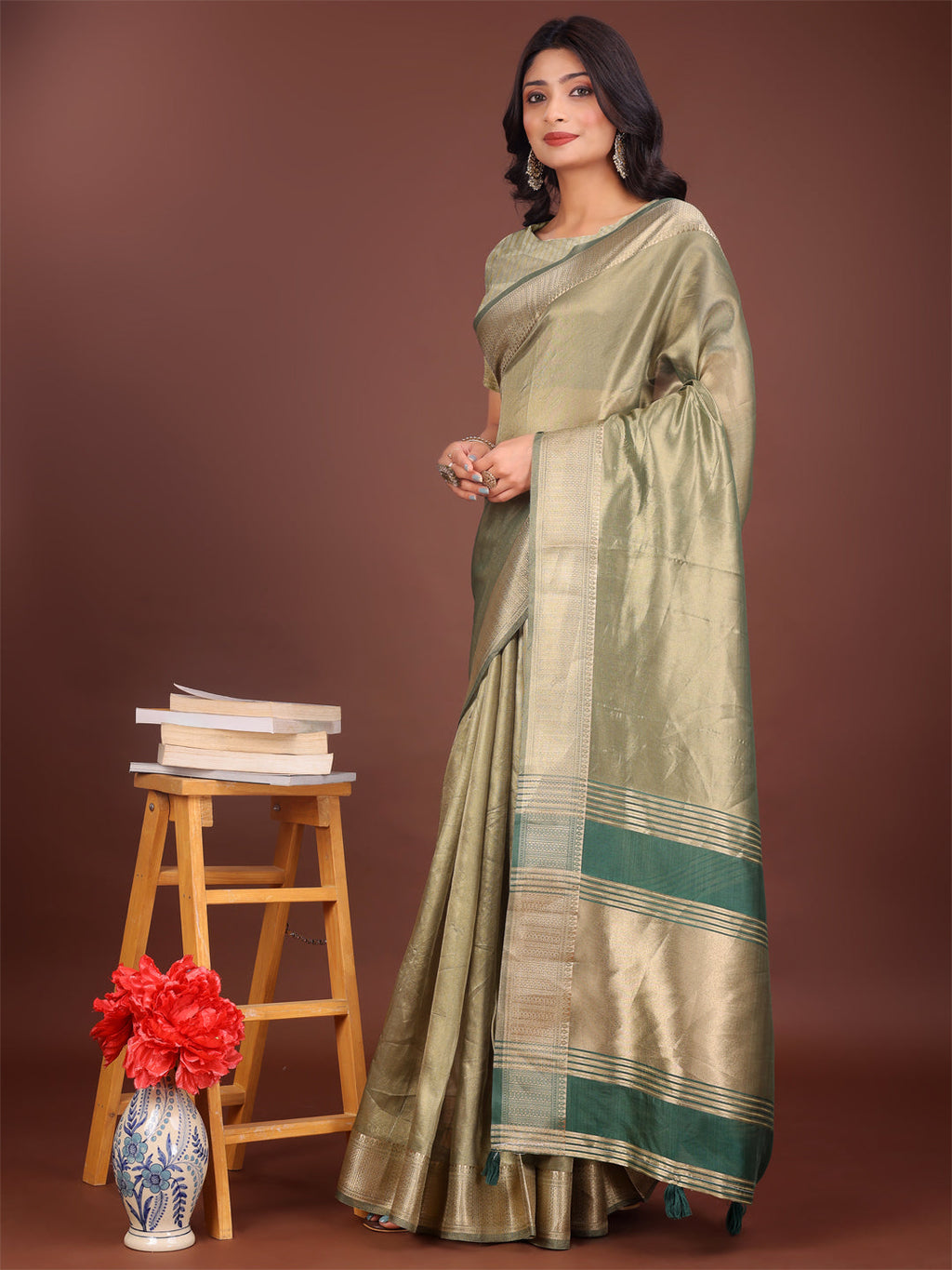 Shree Shyam Fashion Elegant Light Green & Green Organza Saree with Rich Zari Border & Pallu Tassels | Premium Partywear Saree for Women