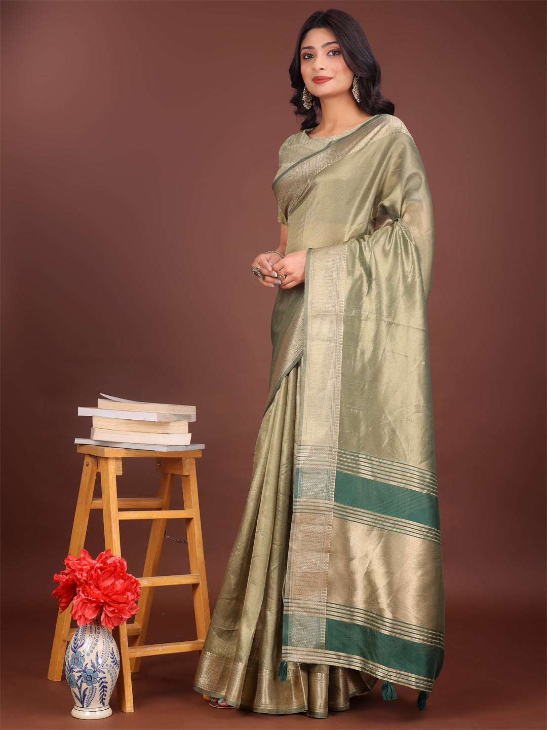 Shree Shyam Fashion Elegant Light Green & Green Organza Saree with Rich Zari Border & Pallu Tassels | Premium Partywear Saree for Women