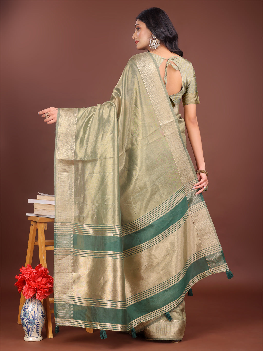 Shree Shyam Fashion Elegant Light Green & Green Organza Saree with Rich Zari Border & Pallu Tassels | Premium Partywear Saree for Women