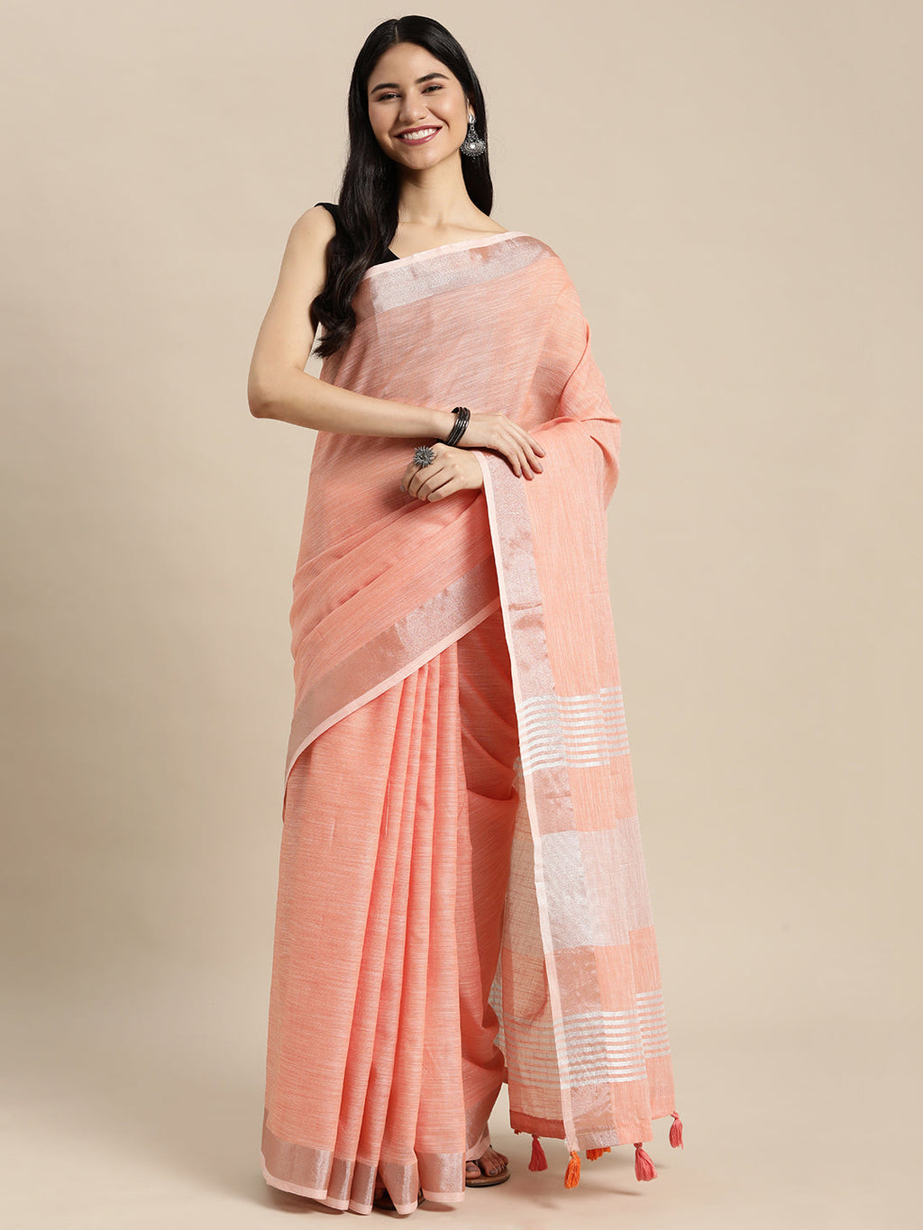 Shree Shyam Fashion Elegant Peach Woven Linen Saree with Contrast Zari Border & Tassels - Soft & Breathable Party Wear - Distacart