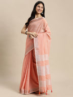 Shree Shyam Fashion Elegant Peach Woven Linen Saree with Contrast Zari Border & Tassels - Soft & Breathable Party Wear - Distacart
