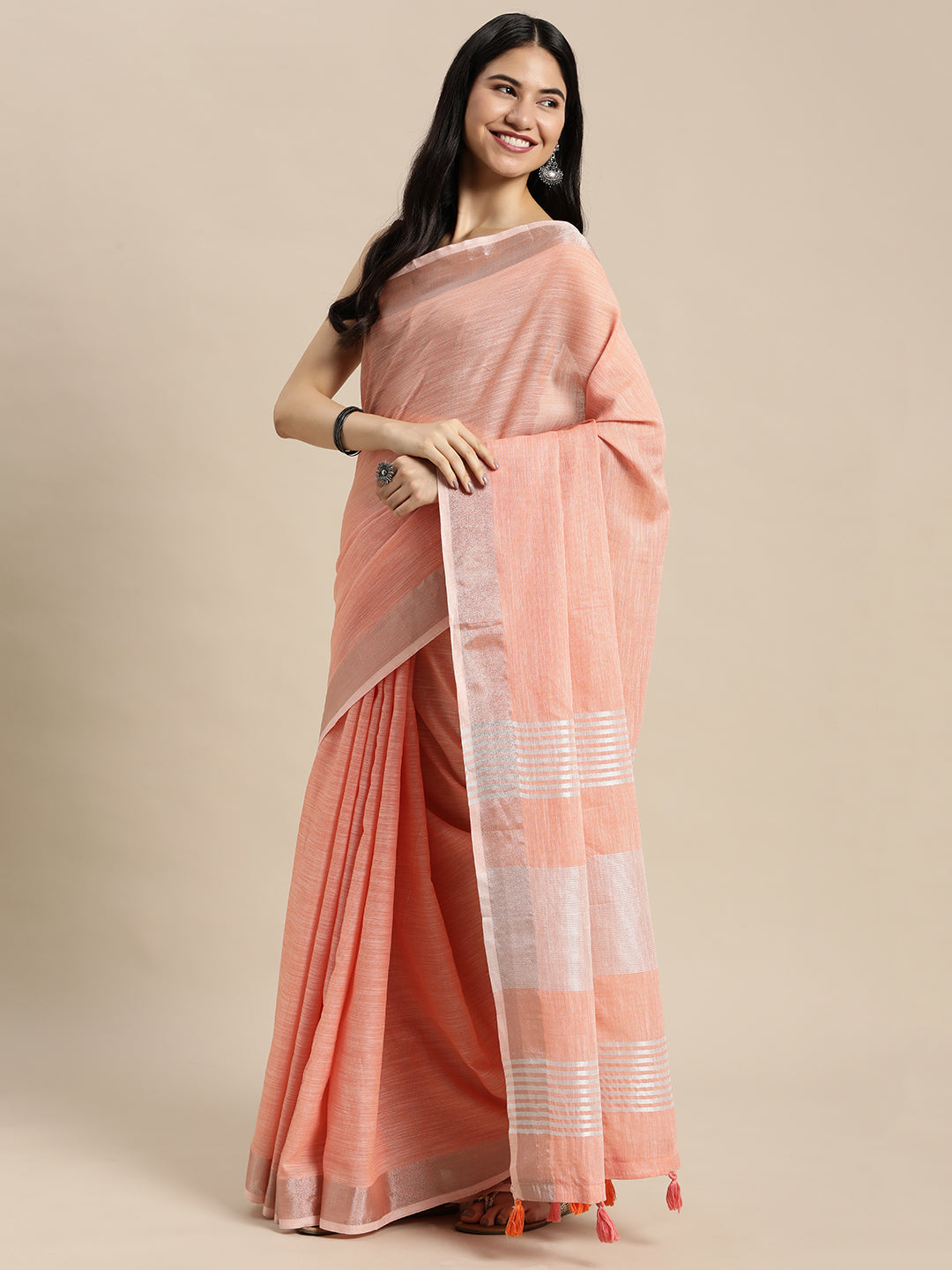 Shree Shyam Fashion Elegant Peach Woven Linen Saree with Contrast Zari Border & Tassels - Soft & Breathable Party Wear - Distacart