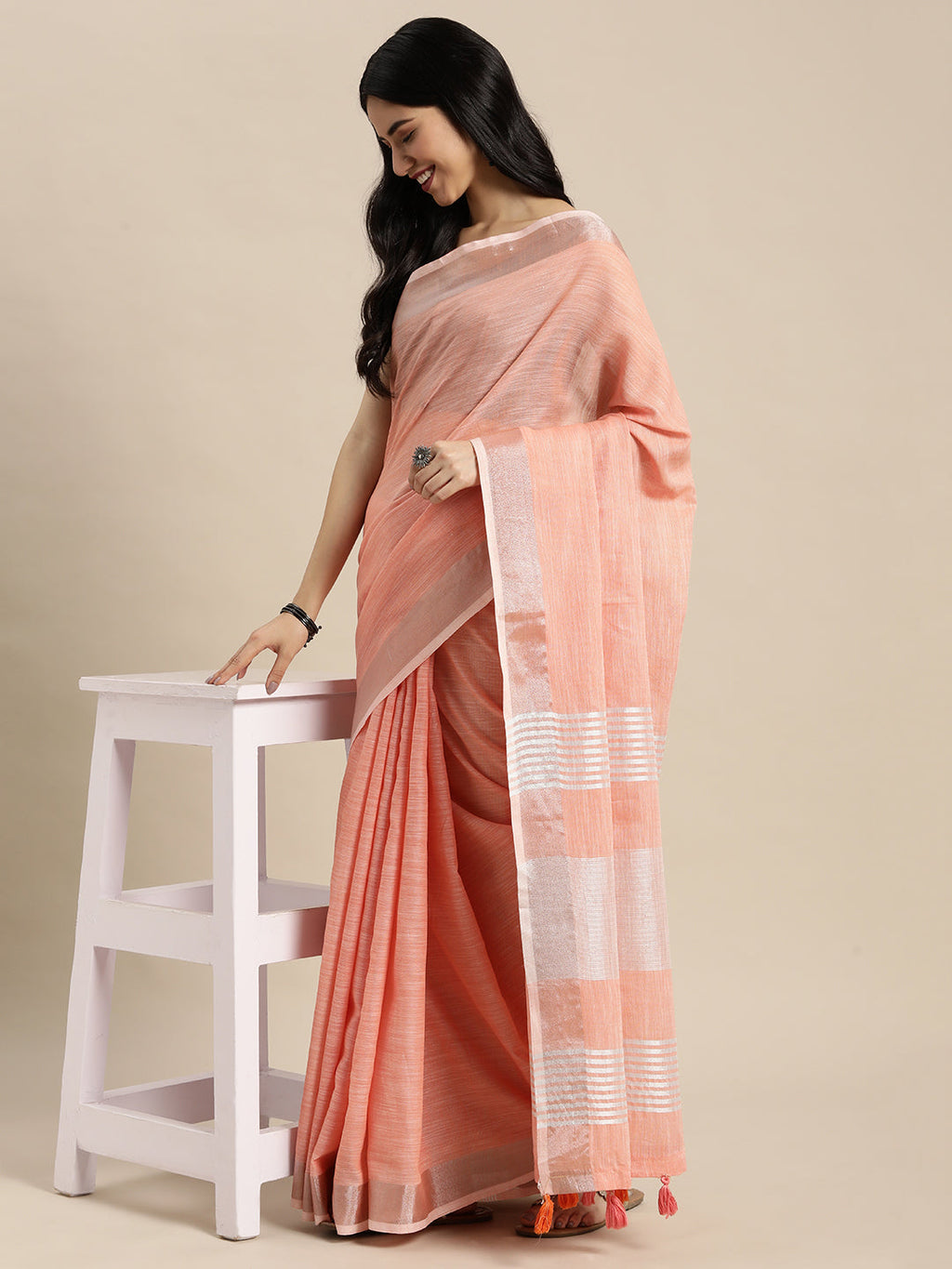 Shree Shyam Fashion Elegant Peach Woven Linen Saree with Contrast Zari Border & Tassels - Soft & Breathable Party Wear - Distacart