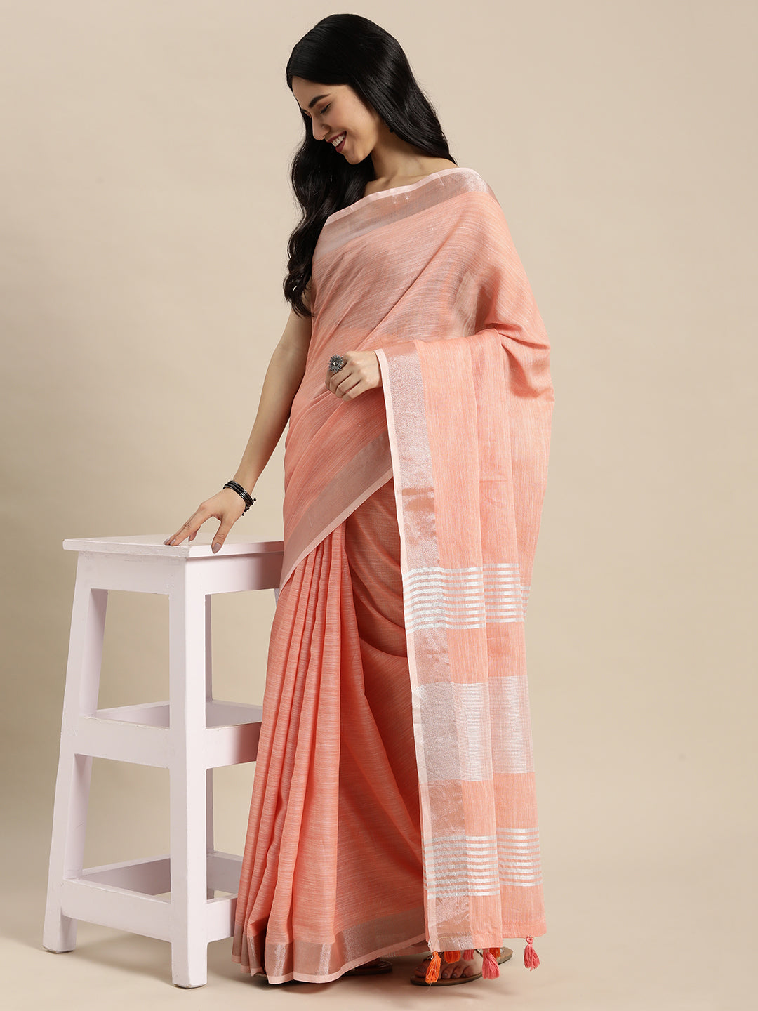 Shree Shyam Fashion Elegant Peach Woven Linen Saree with Contrast Zari Border & Tassels - Soft & Breathable Party Wear - Distacart