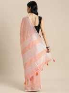 Shree Shyam Fashion Elegant Peach Woven Linen Saree with Contrast Zari Border & Tassels - Soft & Breathable Party Wear - Distacart