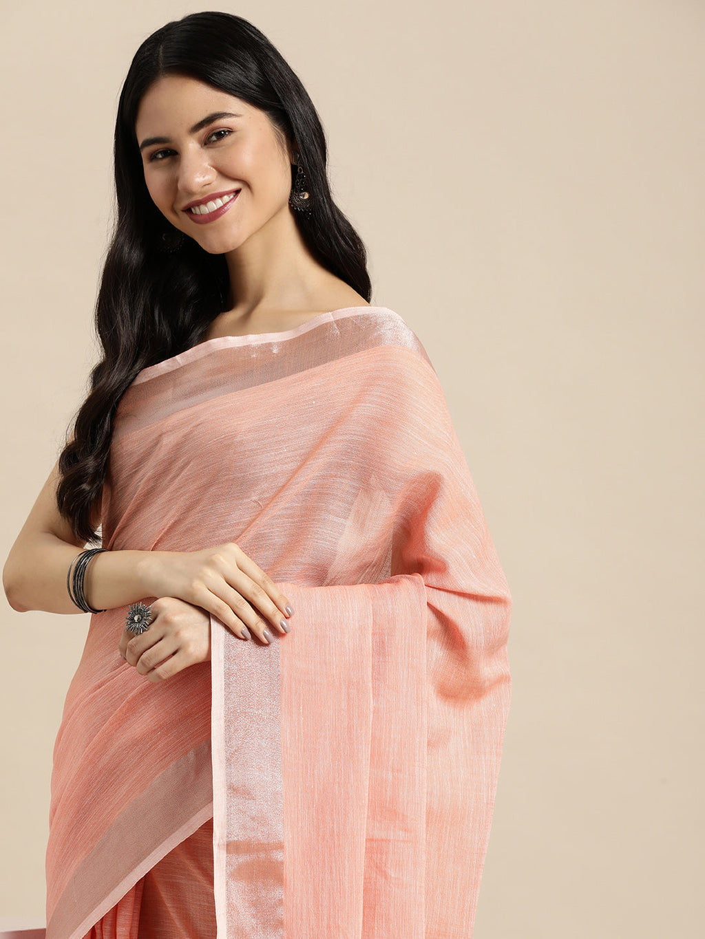 Shree Shyam Fashion Elegant Peach Woven Linen Saree with Contrast Zari Border & Tassels - Soft & Breathable Party Wear - Distacart