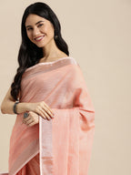 Shree Shyam Fashion Elegant Peach Woven Linen Saree with Contrast Zari Border & Tassels - Soft & Breathable Party Wear - Distacart