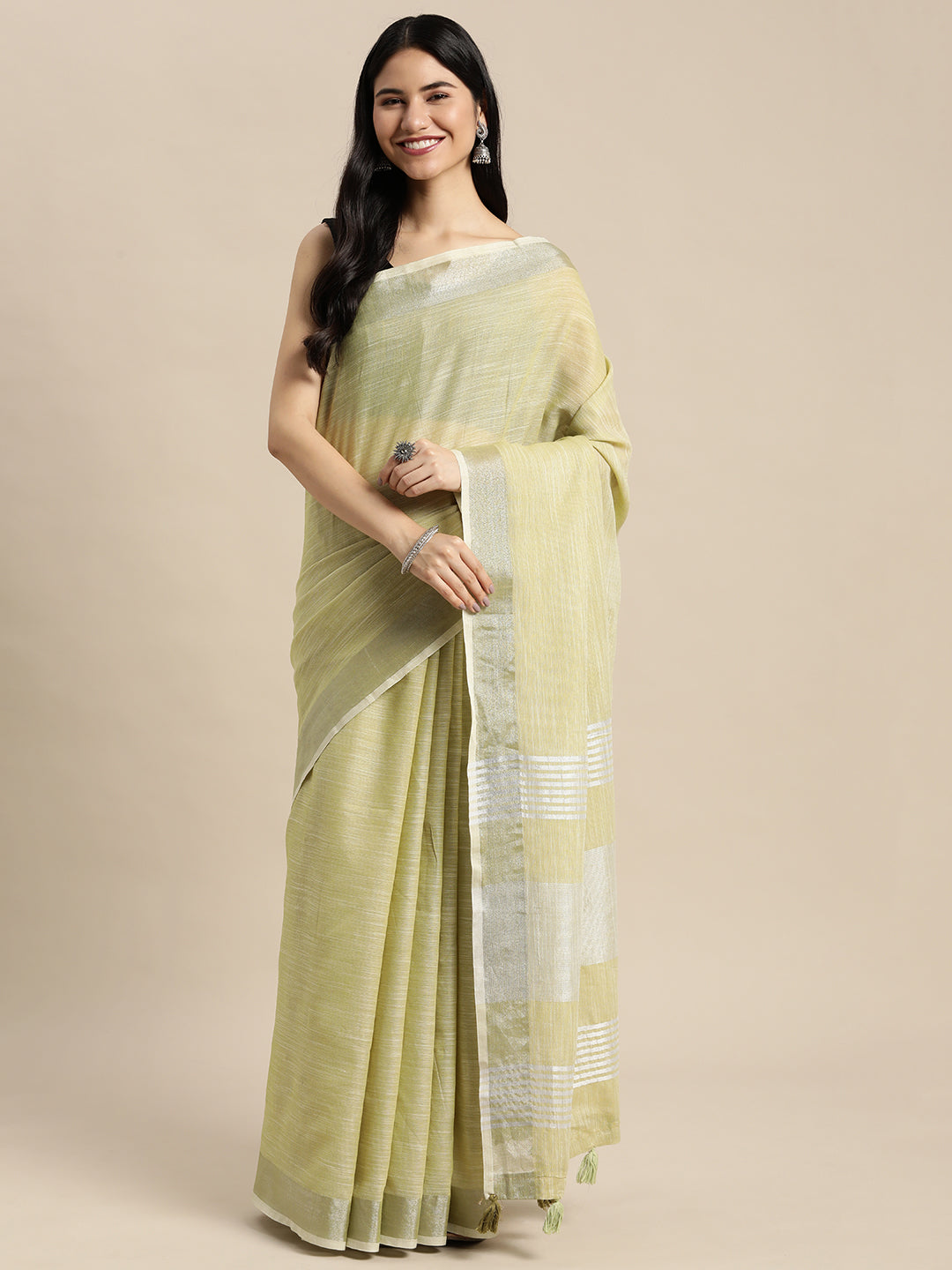 Shree Shyam Fashion Elegant Mehndi Woven Linen Saree with Contrast Zari Border & Tassels - Soft & Breathable Party Wear - Distacart
