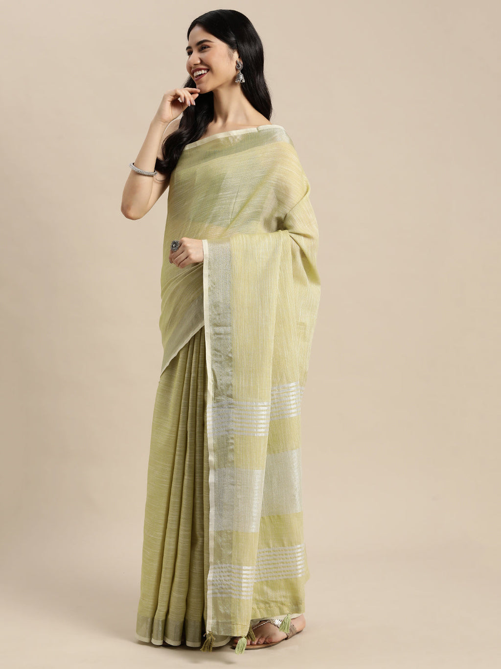 Shree Shyam Fashion Elegant Mehndi Woven Linen Saree with Contrast Zari Border & Tassels - Soft & Breathable Party Wear - Distacart
