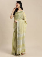Shree Shyam Fashion Elegant Mehndi Woven Linen Saree with Contrast Zari Border & Tassels - Soft & Breathable Party Wear - Distacart