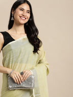 Shree Shyam Fashion Elegant Mehndi Woven Linen Saree with Contrast Zari Border & Tassels - Soft & Breathable Party Wear - Distacart