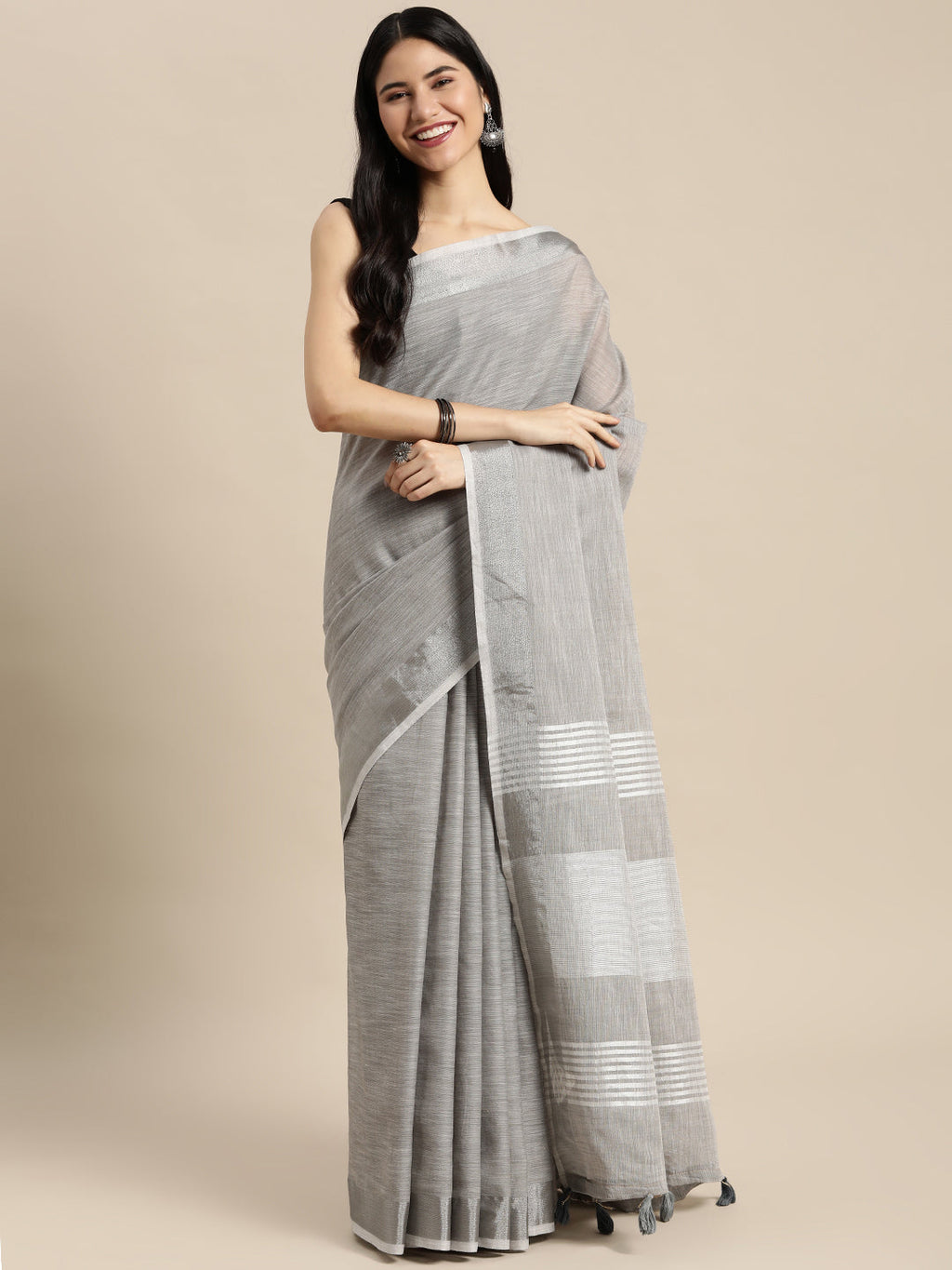 Shree Shyam Fashion Elegant Grey Woven Linen Saree with Contrast Zari Border & Tassels - Soft & Breathable Party Wear - Distacart