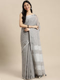 Shree Shyam Fashion Elegant Grey Woven Linen Saree with Contrast Zari Border & Tassels - Soft & Breathable Party Wear - Distacart