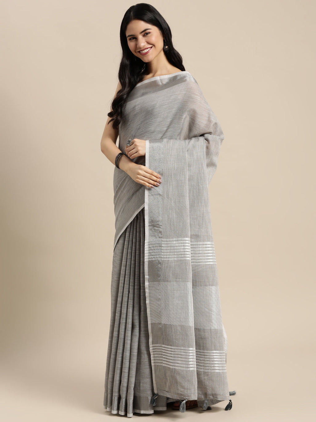 Shree Shyam Fashion Elegant Grey Woven Linen Saree with Contrast Zari Border & Tassels - Soft & Breathable Party Wear - Distacart