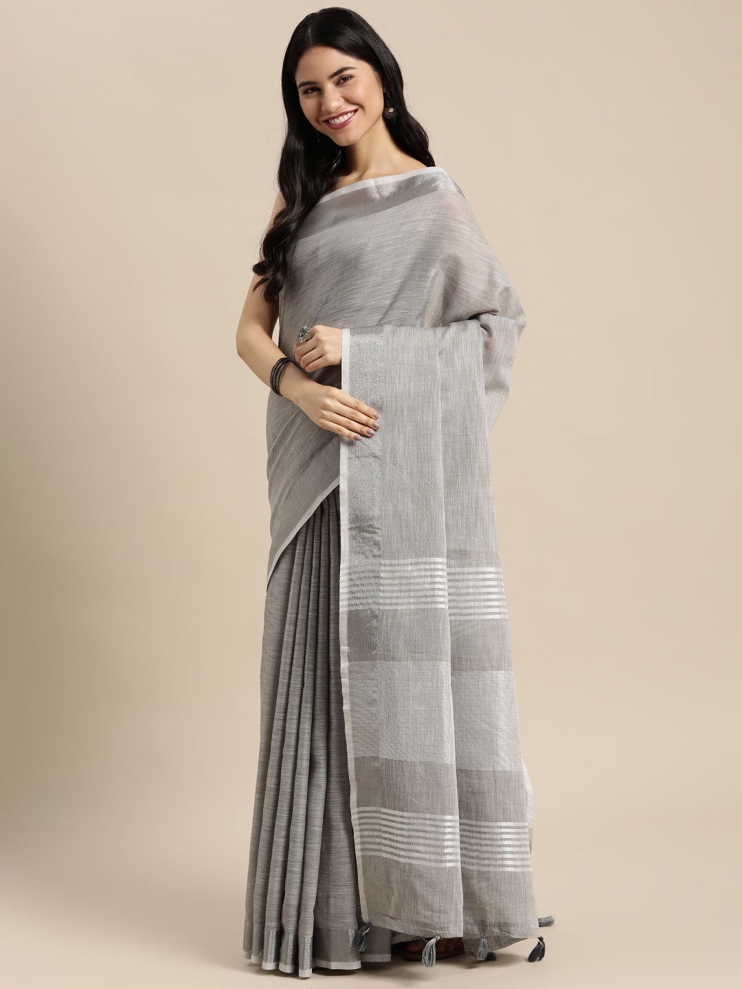 Shree Shyam Fashion Elegant Grey Woven Linen Saree with Contrast Zari Border & Tassels - Soft & Breathable Party Wear - Distacart