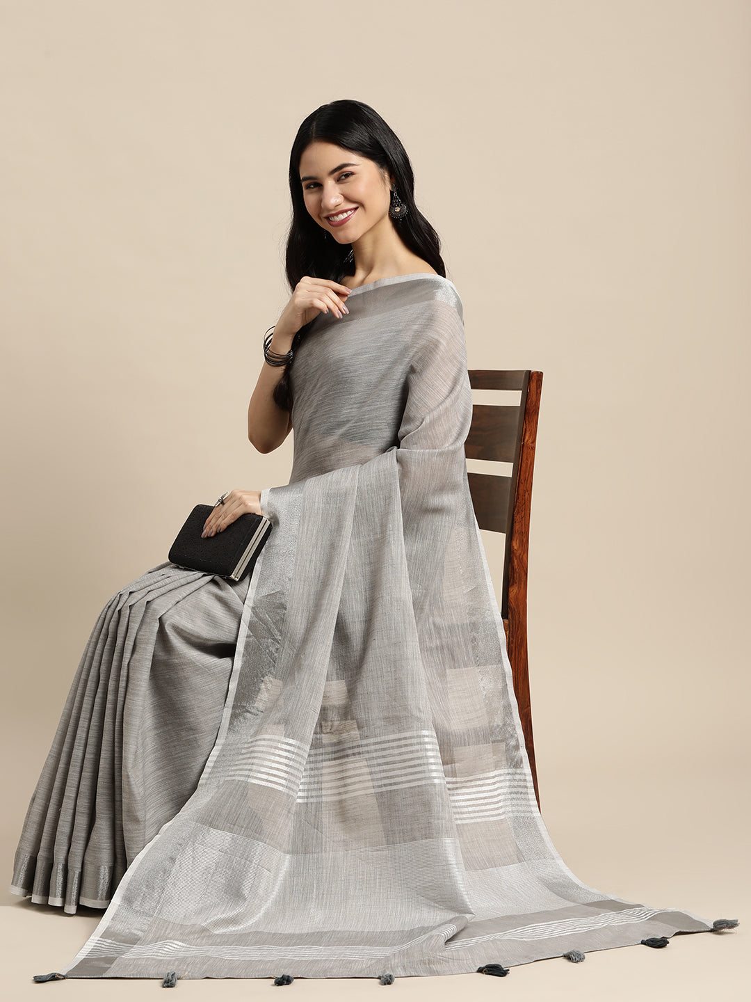 Shree Shyam Fashion Elegant Grey Woven Linen Saree with Contrast Zari Border & Tassels - Soft & Breathable Party Wear - Distacart