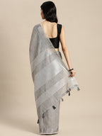 Shree Shyam Fashion Elegant Grey Woven Linen Saree with Contrast Zari Border & Tassels - Soft & Breathable Party Wear - Distacart