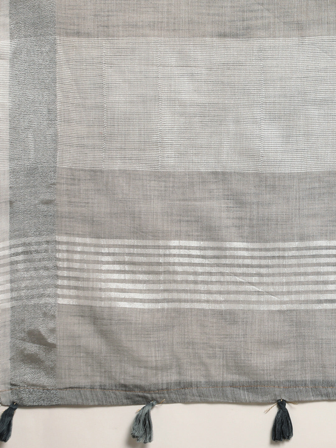 Shree Shyam Fashion Elegant Grey Woven Linen Saree with Contrast Zari Border & Tassels - Soft & Breathable Party Wear - Distacart