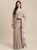 Shree Shyam Fashion Elegant Brown Woven Linen Saree with Contrast Zari Border & Tassels - Soft & Breathable Party Wear - Distacart