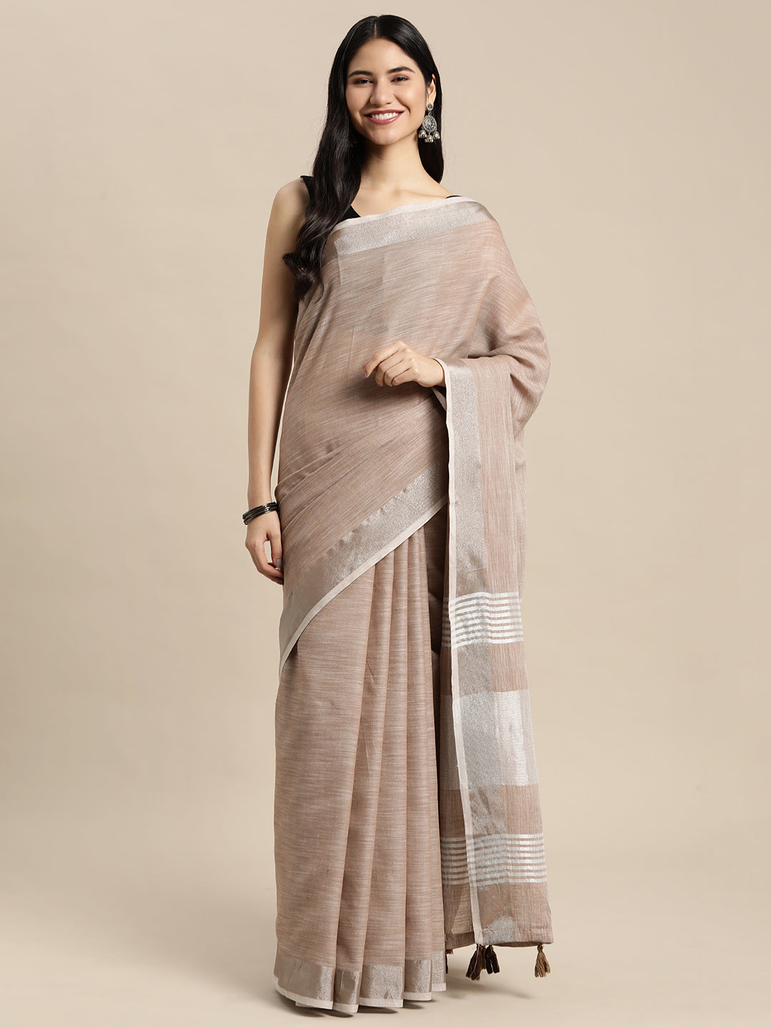 Shree Shyam Fashion Elegant Brown Woven Linen Saree with Contrast Zari Border & Tassels - Soft & Breathable Party Wear - Distacart