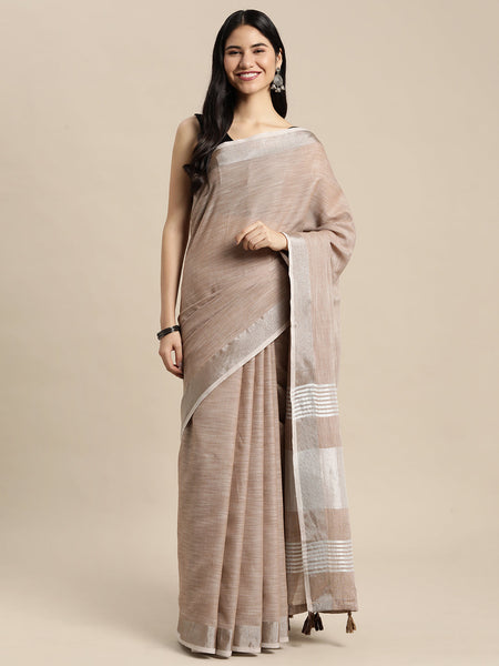 Shree Shyam Fashion Elegant Brown Woven Linen Saree with Contrast Zari Border & Tassels - Soft & Breathable Party Wear