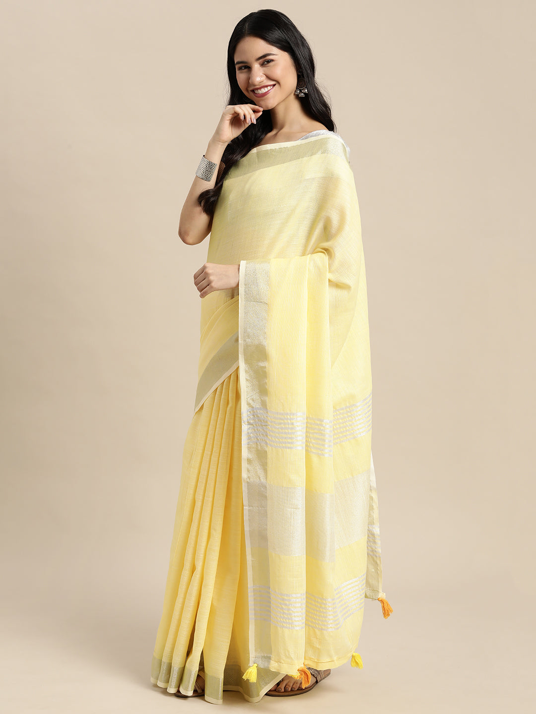 Shree Shyam Fashion Elegant Yellow Woven Linen Saree with Contrast Zari Border & Tassels - Soft & Breathable Party Wear - Distacart