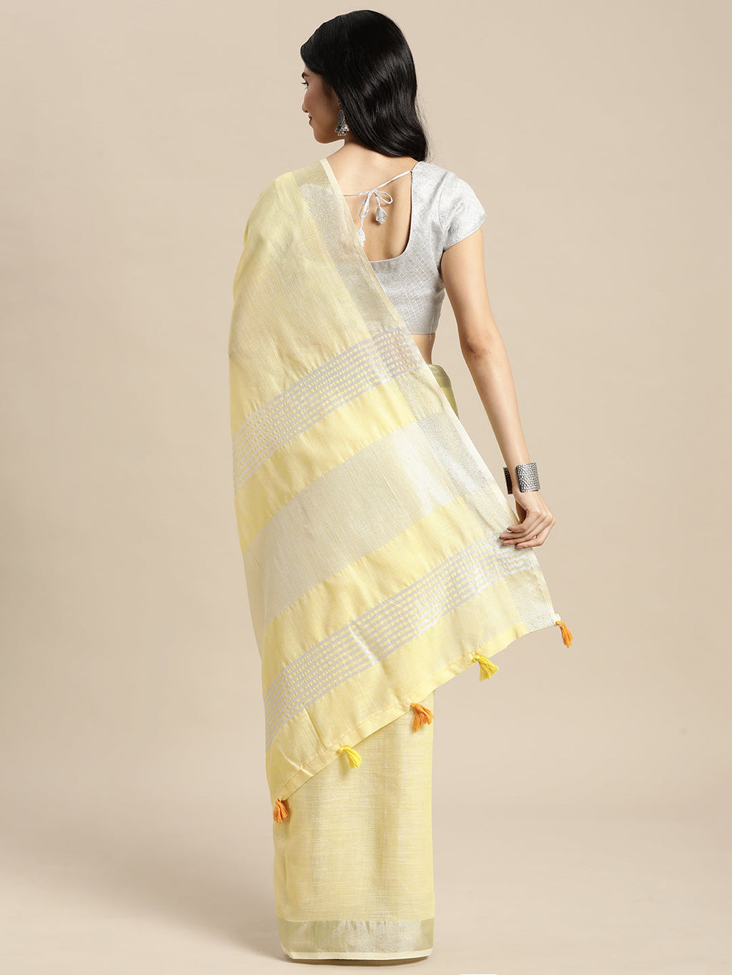 Shree Shyam Fashion Elegant Yellow Woven Linen Saree with Contrast Zari Border & Tassels - Soft & Breathable Party Wear - Distacart