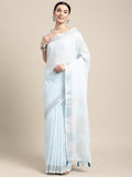 Shree Shyam Fashion Elegant Sky Blue Woven Linen Saree with Contrast Zari Border & Tassels - Soft & Breathable Party Wear - Distacart