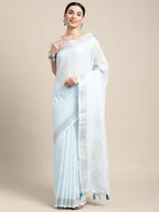 Shree Shyam Fashion Elegant Sky Blue Woven Linen Saree with Contrast Zari Border & Tassels - Soft & Breathable Party Wear - Distacart
