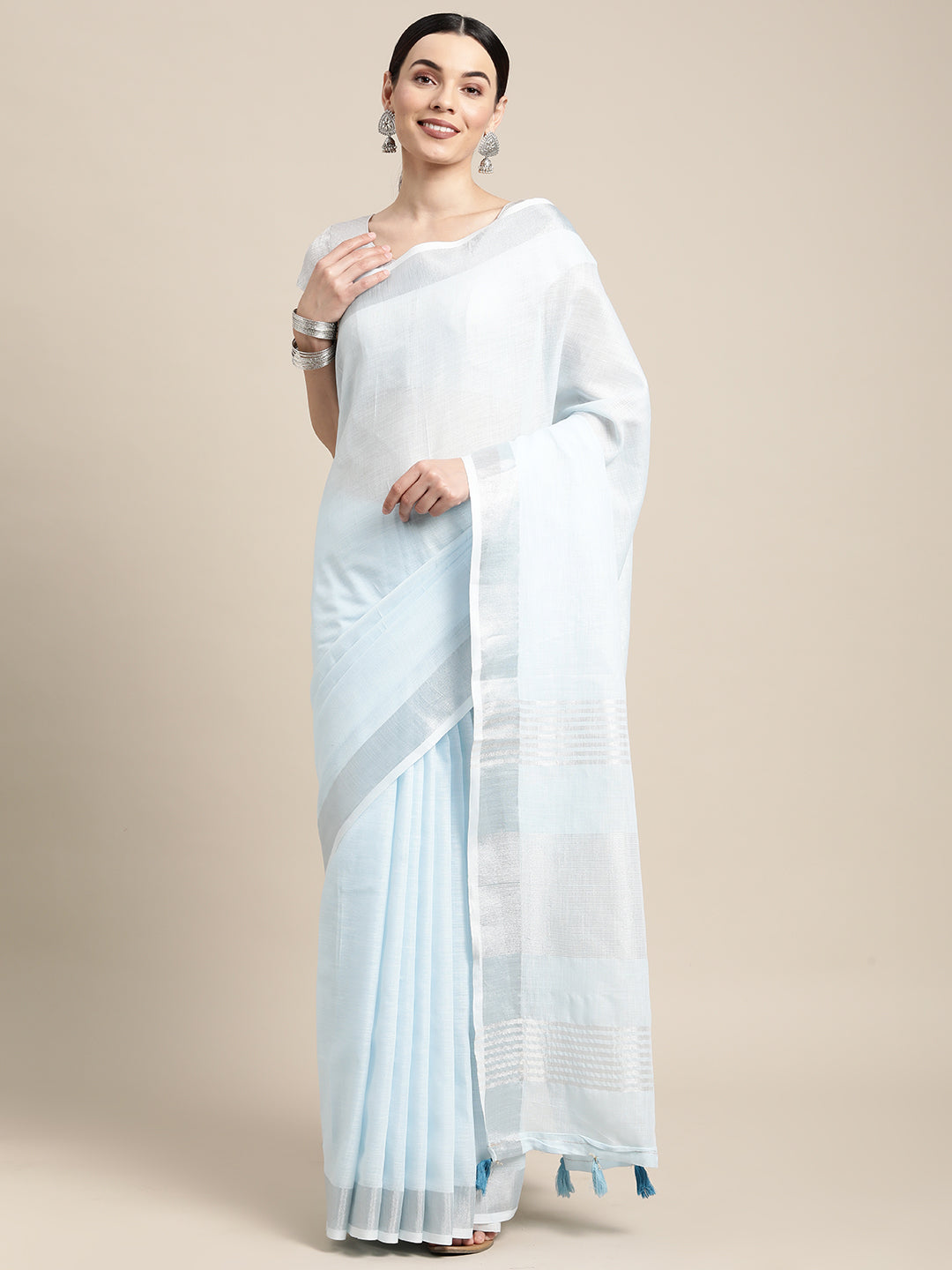 Shree Shyam Fashion Elegant Sky Blue Woven Linen Saree with Contrast Zari Border & Tassels - Soft & Breathable Party Wear - Distacart
