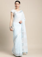 Shree Shyam Fashion Elegant Sky Blue Woven Linen Saree with Contrast Zari Border & Tassels - Soft & Breathable Party Wear - Distacart