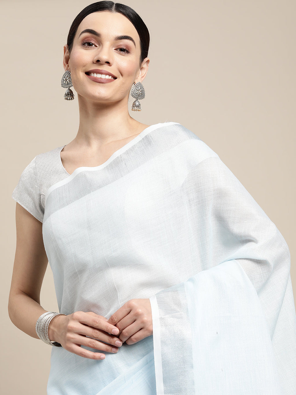 Shree Shyam Fashion Elegant Sky Blue Woven Linen Saree with Contrast Zari Border & Tassels - Soft & Breathable Party Wear - Distacart