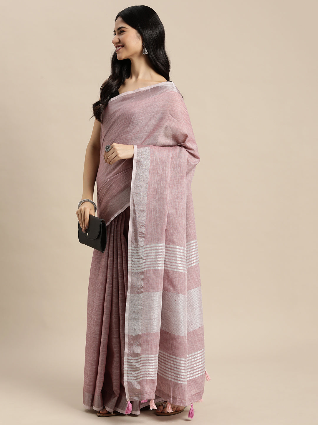 Shree Shyam Fashion Elegant Mauve Woven Linen Saree with Contrast Zari Border & Tassels - Soft & Breathable Party Wear - Distacart