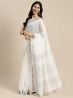 Shree Shyam Fashion Elegant White Woven Linen Saree with Contrast Zari Border & Tassels - Soft & Breathable Party Wear - Distacart