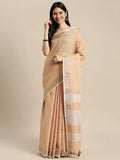 Shree Shyam Fashion Elegant Tan Woven Linen Saree with Contrast Zari Border & Tassels - Soft & Breathable Party Wear - Distacart