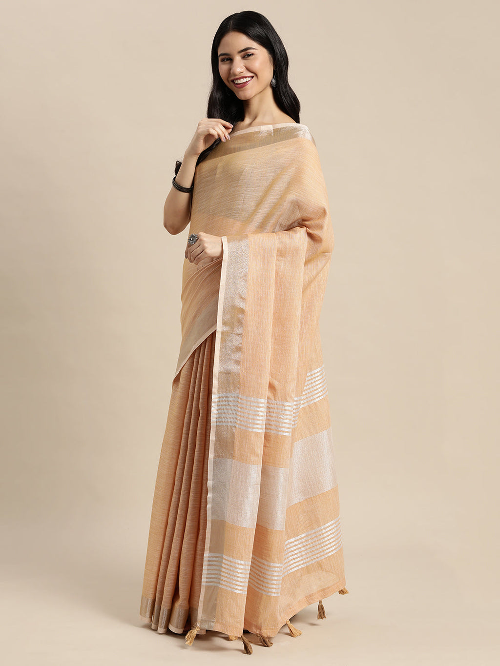 Shree Shyam Fashion Elegant Tan Woven Linen Saree with Contrast Zari Border & Tassels - Soft & Breathable Party Wear - Distacart