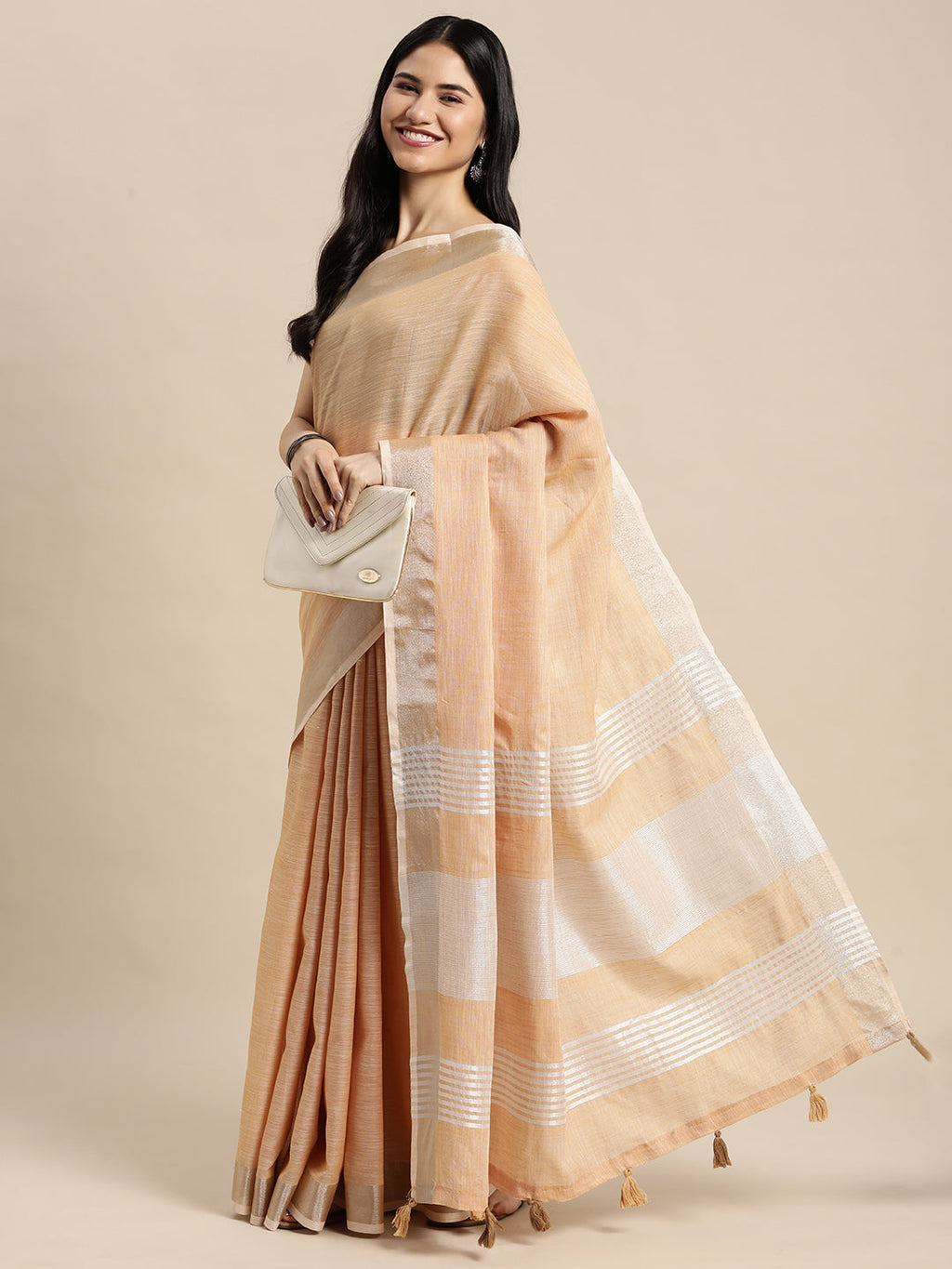 Shree Shyam Fashion Elegant Tan Woven Linen Saree with Contrast Zari Border & Tassels - Soft & Breathable Party Wear - Distacart