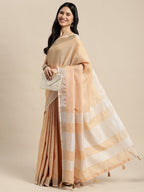 Shree Shyam Fashion Elegant Tan Woven Linen Saree with Contrast Zari Border & Tassels - Soft & Breathable Party Wear - Distacart