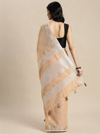 Shree Shyam Fashion Elegant Tan Woven Linen Saree with Contrast Zari Border & Tassels - Soft & Breathable Party Wear - Distacart