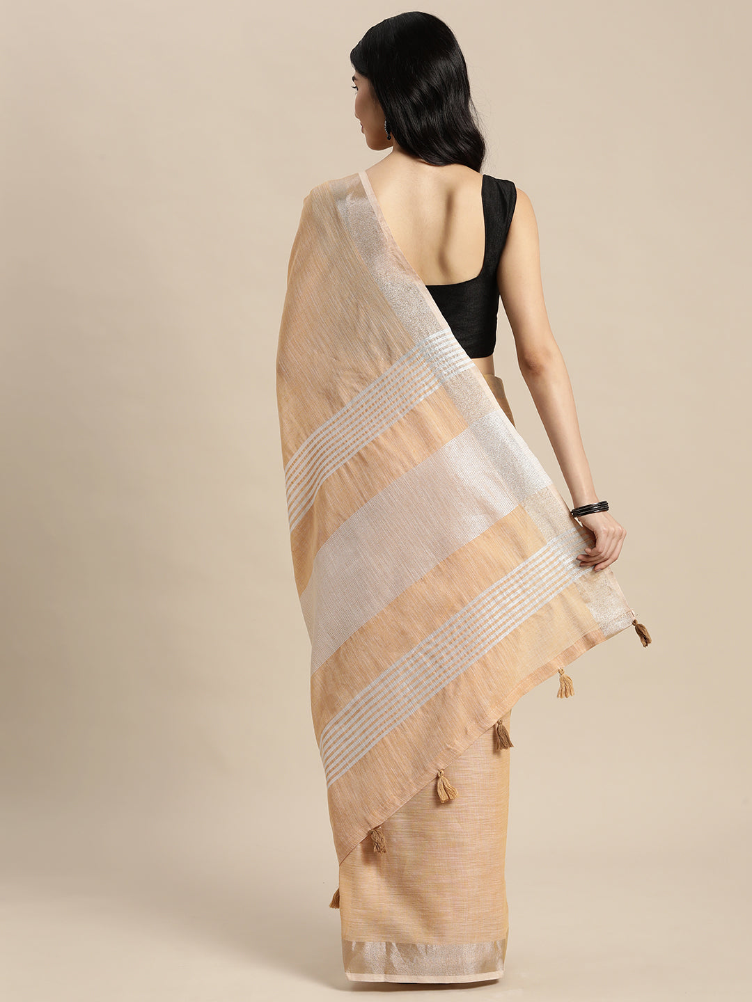 Shree Shyam Fashion Elegant Tan Woven Linen Saree with Contrast Zari Border & Tassels - Soft & Breathable Party Wear - Distacart