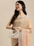 Shree Shyam Fashion Elegant Tan Woven Linen Saree with Contrast Zari Border & Tassels - Soft & Breathable Party Wear - Distacart